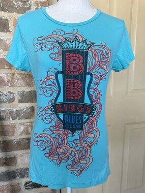 BB King's Blues Club Graphic Tee Turquoise Red Navy Rhinestone Embellished